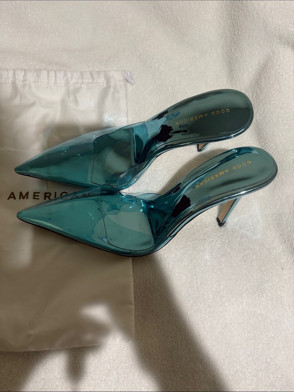 Good American Teal Pointed Clear Mule Heels